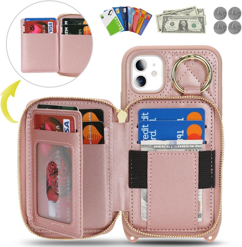 Hamany Crossbody Wallet Case for iPhone 11, PU Leather Zipper Handbag Purse Flip Cover, Kickstand Folio Case with Card Slots Holder Wrist Strap Lanyard 6.1 Inch-Rose Gold - Image 2